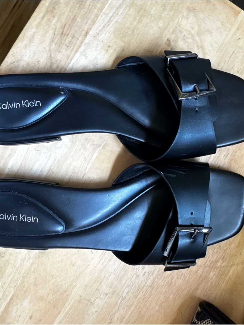 Calvin Klein Black Leather Slide Mules with Buckle